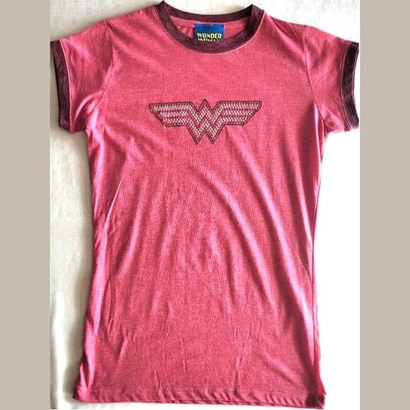 Retro Wonder Woman Rhinestone Pink Ringer Tee Juniors/Women’s M - Picture 1 of 5